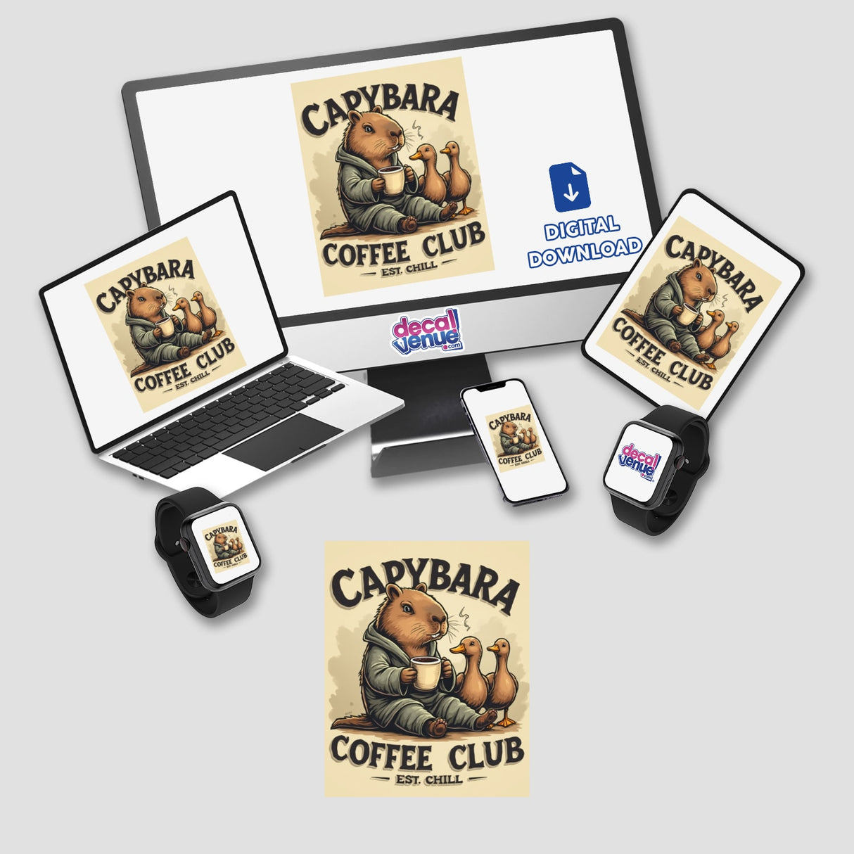 Capybara Coffee Club Sticker or Clipart featuring a cute cartoon capybara holding a coffee mug with ducks, available as digital artwork or stickers with commercial rights.