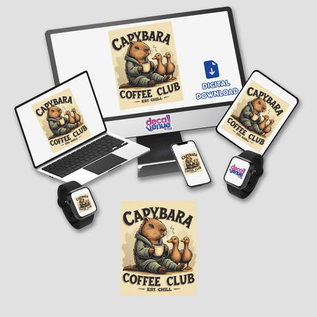 Capybara Coffee Club Sticker or Clipart featuring a cute cartoon capybara holding a coffee mug with ducks, available as digital artwork or stickers with commercial rights.