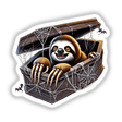 Cute cartoon sloth peeking out of a wooden coffin decorated with spider webs, surrounded by bats for a spooky Halloween digital artwork from the Decal Venue store.