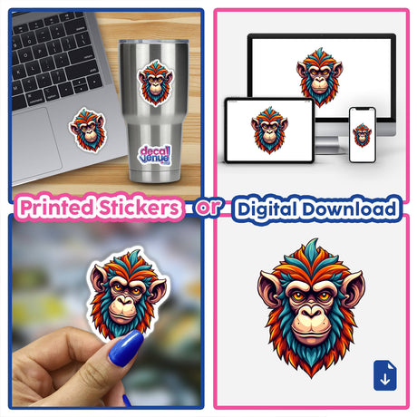 Collage featuring A Cool Monkey King sticker, showcasing its vibrant cartoon design on various items like a laptop and cup, highlighting versatility as both sticker and digital artwork.