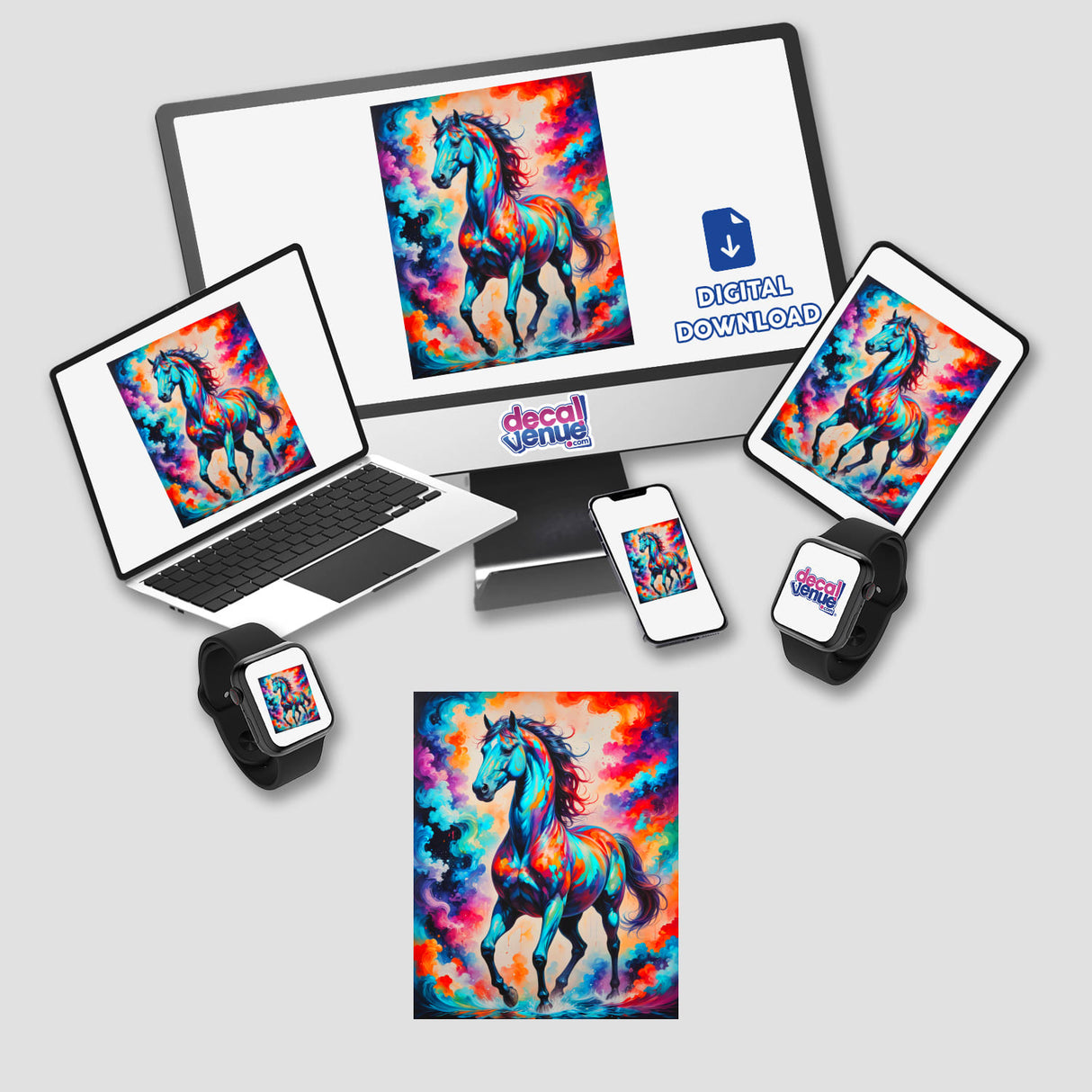 A Beautiful Magical Horse artwork displayed on a computer and laptop screen, available as stickers or digital artwork from Decal Venue, showcasing unique vinyl stickers and digital art.