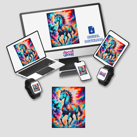 A Beautiful Magical Horse artwork displayed on a computer and laptop screen, available as stickers or digital artwork from Decal Venue, showcasing unique vinyl stickers and digital art.