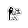 Silhouette of a couple embracing, used for Save the Date wedding stickers or digital artwork, emphasizing romance and elegance in black and white design.