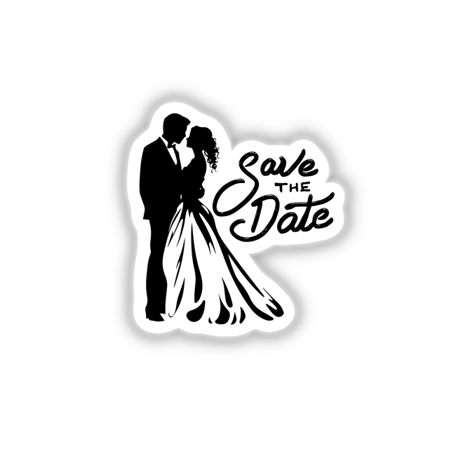 Silhouette of a couple embracing, used for Save the Date wedding stickers or digital artwork, emphasizing romance and elegance in black and white design.
