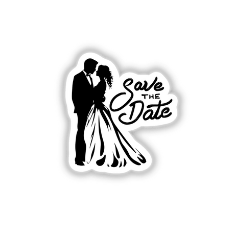 Silhouette of a couple embracing, used for Save the Date wedding stickers or digital artwork, emphasizing romance and elegance in black and white design.