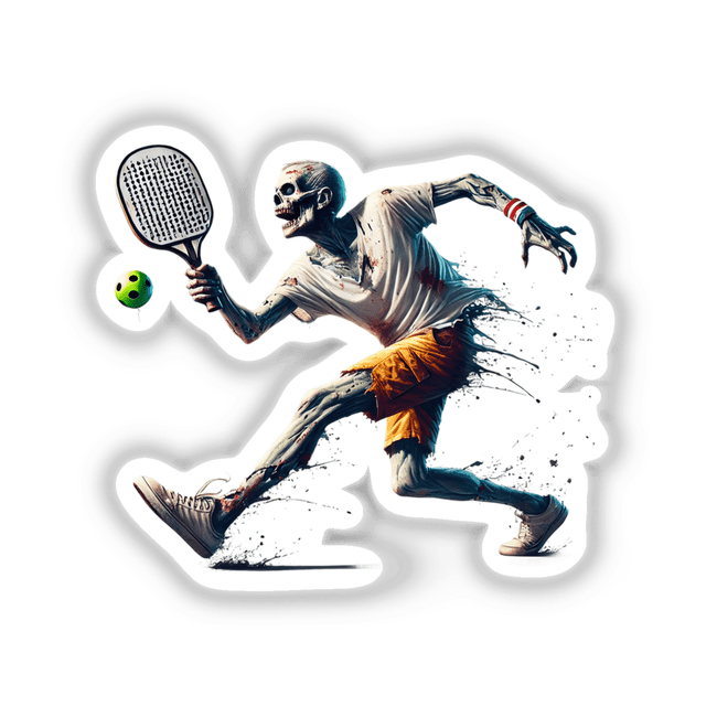 Zombie playing pickleball digital art stickers - spooky Halloween design for sports lovers.