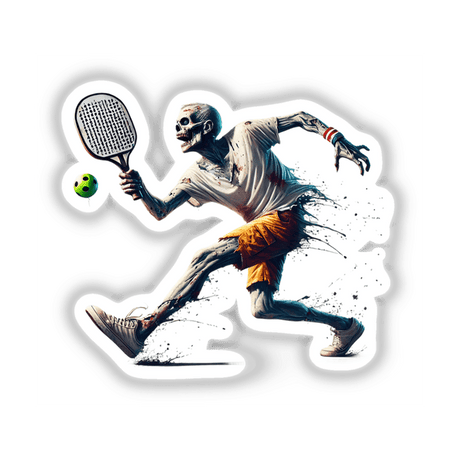 Zombie playing pickleball digital art stickers - spooky Halloween design for sports lovers.