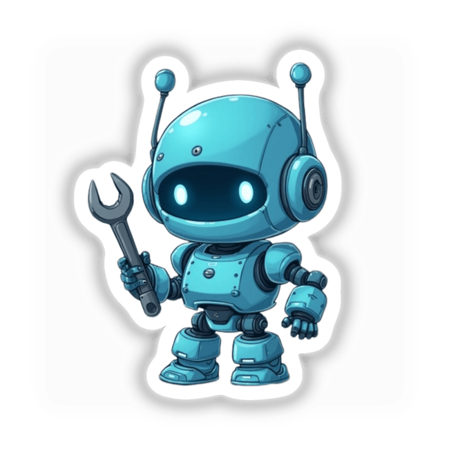 Chibi Robot Helper Sticker featuring a cute cartoon robot mechanic holding a wrench, ideal for digital art or decals, reflecting Decal Venue's unique sticker and digital art offerings.