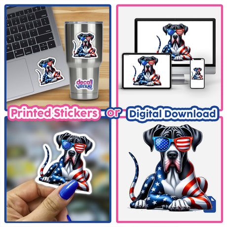 Patriotic American Flag Great Dane sticker on a laptop, featuring a cartoon dog in glasses, emphasizing Decal Venue's unique vinyl offerings. Close-up of a hand holding the sticker.