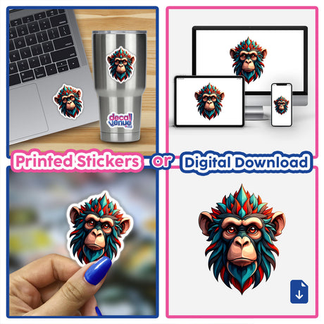 A Cool Monkey King sticker, featuring a colorful cartoon monkey head with red eyes, displayed on a laptop. Available as stickers or digital artwork from Decal Venue.