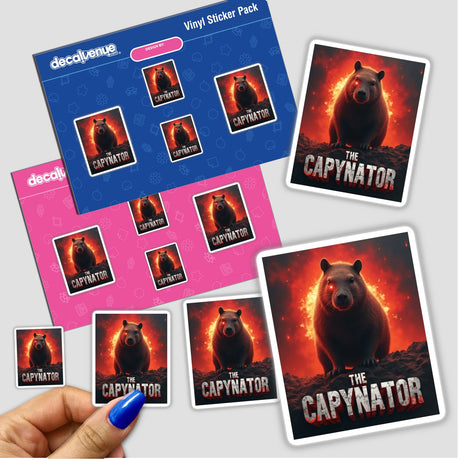 The Capynator Sticker or Clipart features a parody of a capybara with red eyes, styled after the Terminator, available as stickers or digital artwork from Decal Venue.