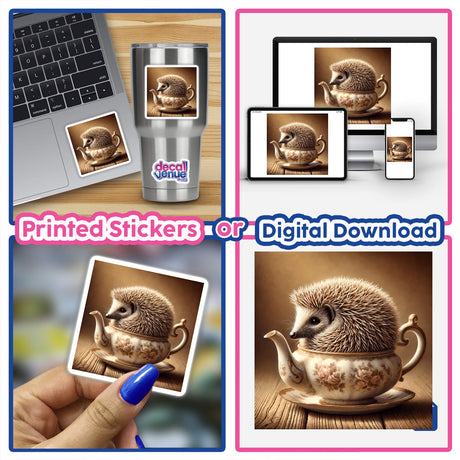 Collage of Hedgehog in Antique Teapot stickers or digital artwork, featuring a hedgehog in a teacup across various scenes, perfect for adding a unique touch to your collection.