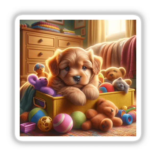 Puppy in Toy Chest with Plush Toys