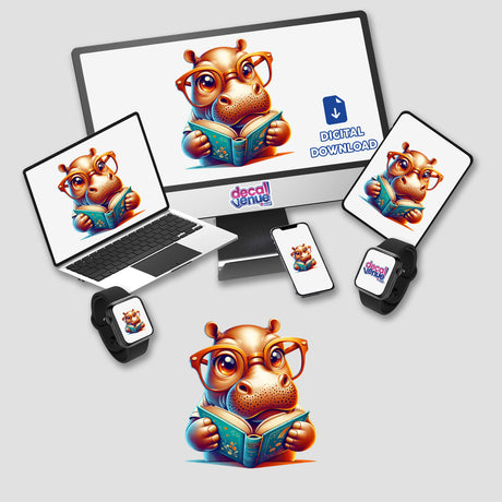 Hippo With Reading Glasses Open Book depicted on a laptop and monitor, showcasing a cartoon hippo engrossed in reading. Available as stickers or digital artwork from Decal Venue.