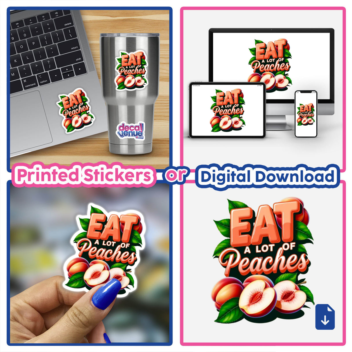 Collage featuring Eat a Lot of Peaches Clipart - Stickers or Commercial Use Download with images of a laptop, phone, and hand holding peach-themed stickers.
