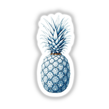 Chinoiserie Pineapple: A detailed blue and white pineapple illustration, available as unique stickers or digital artwork from Decal Venue, known for its distinctive creative designs.