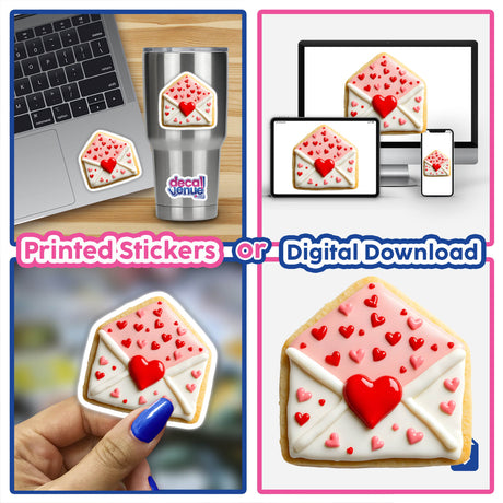 Love Letter Shaped Cookie with Red Heart Seal and White Envelope, shown in a collage including close-ups on a laptop, a cup, and held by a person, offered as stickers or digital artwork.