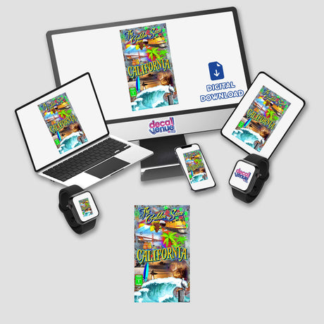 California State-themed digital artwork displayed on a laptop screen, alongside various electronic devices, available as stickers or digital prints from Decal Venue, known for unique vinyl stickers and digital art.