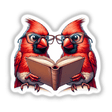 Two Cardinal Birds in Reading Glasses Open Book depicted as a charming illustration, available as stickers or digital artwork, highlighting unique design for Decal Venue's collection.