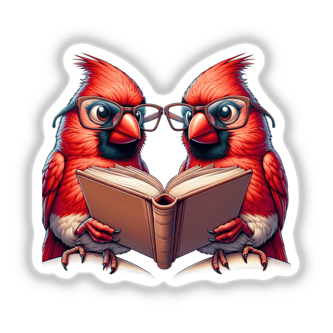Two Cardinal Birds in Reading Glasses Open Book depicted as a charming illustration, available as stickers or digital artwork, highlighting unique design for Decal Venue's collection.