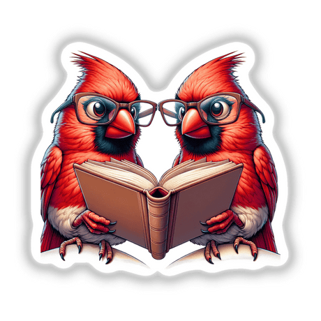 Two Cardinal Birds in Reading Glasses Open Book depicted as a charming illustration, available as stickers or digital artwork, highlighting unique design for Decal Venue's collection.