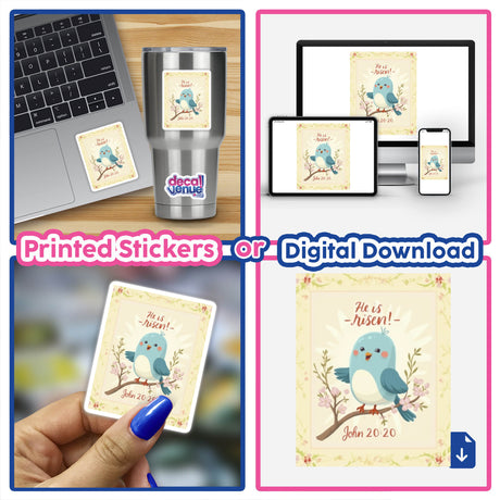 He is Risen! Cute Bluebird - Christian Sticker featuring a bluebird on a branch, available as a sticker or digital artwork, inspired by John 20:20.