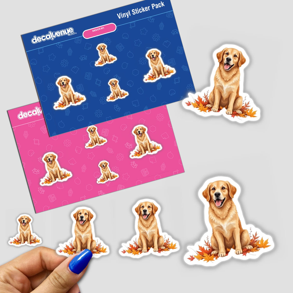 Charming Golden Retriever Clipart - Autumn Leaves Design features adorable dogs on stickers, perfect for personal use or commercial download from Decal Venue.