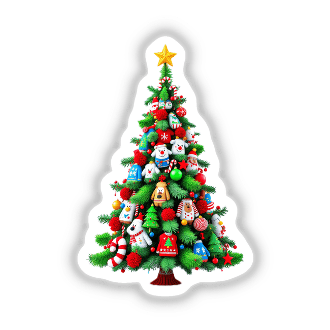 Ugly Christmas Sweater Style Tree featuring a decorated Christmas tree with various ornaments, available as stickers or digital artwork, embodying Decal Venue's unique aesthetic.
