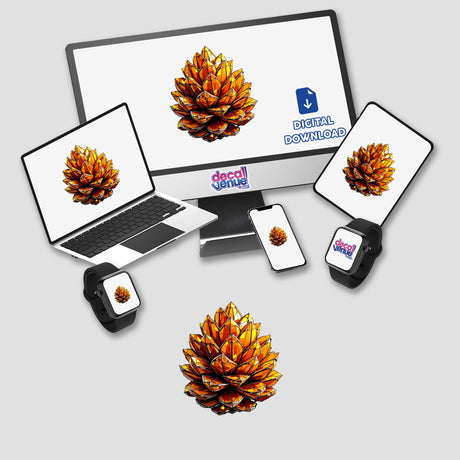 Pine cone Stained Glass Style displayed on computer monitor and laptop screens, showcasing intricate digital artwork. Available as stickers or digital artwork from Decal Venue.