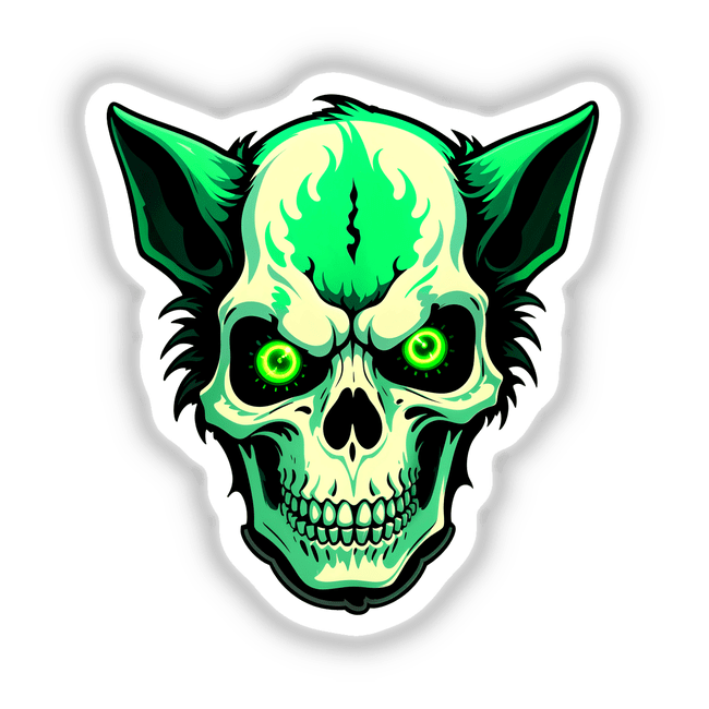 A Hybrid Human Dog Skull in cartoon style, featuring glowing eyes, available as stickers or digital artwork from Decal Venue, known for its unique vinyl stickers and digital art.