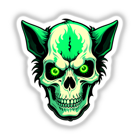 A Hybrid Human Dog Skull in cartoon style, featuring glowing eyes, available as stickers or digital artwork from Decal Venue, known for its unique vinyl stickers and digital art.