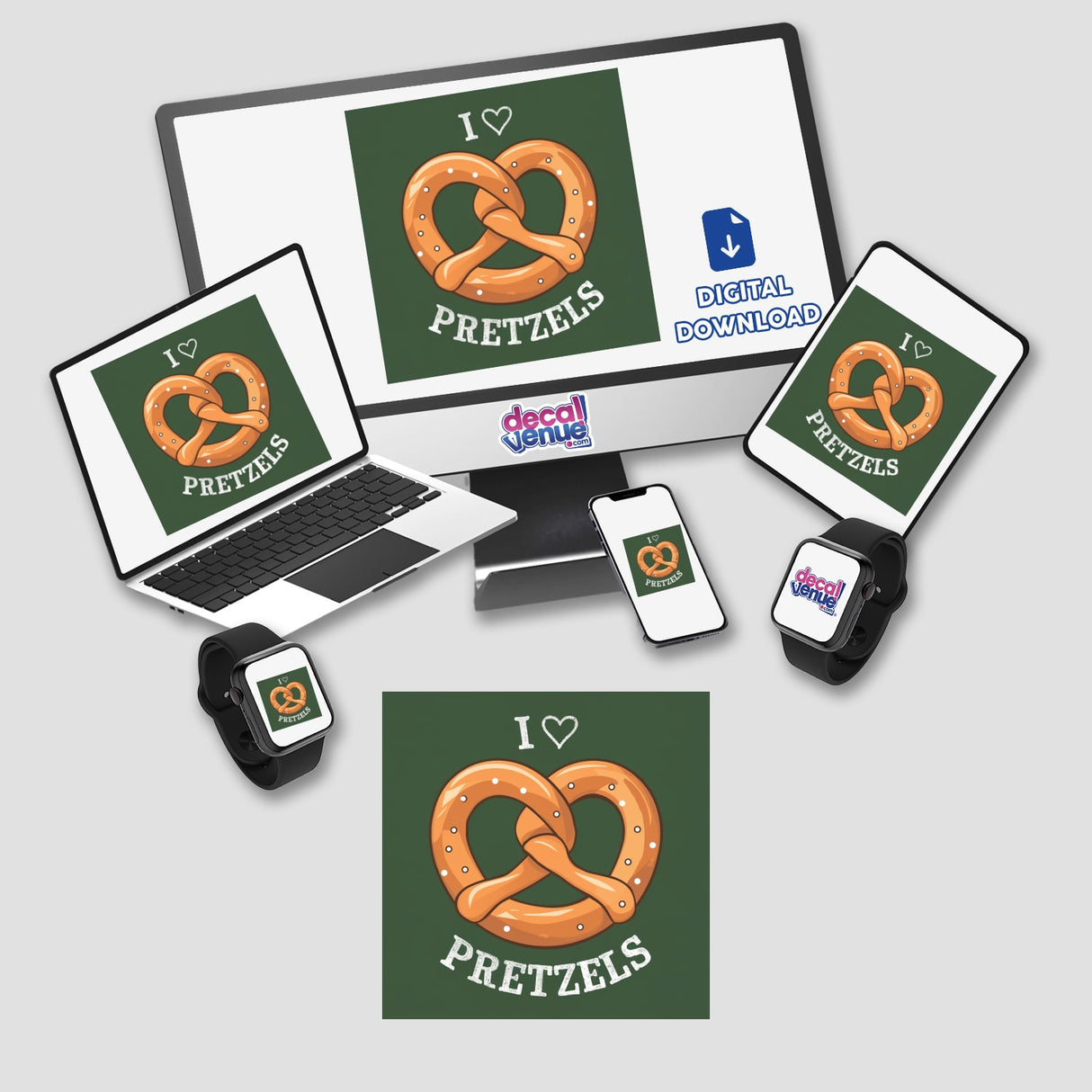 Delightful pretzel-themed digital artwork displayed on various digital devices, featuring the Decal Venue store logo and the message "I Love Pretzels" on a green background.