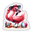 Glamorous beach flamingo in sunhat and sunglasses posing on sandy shore with beach ball, seashells, and picnic basket