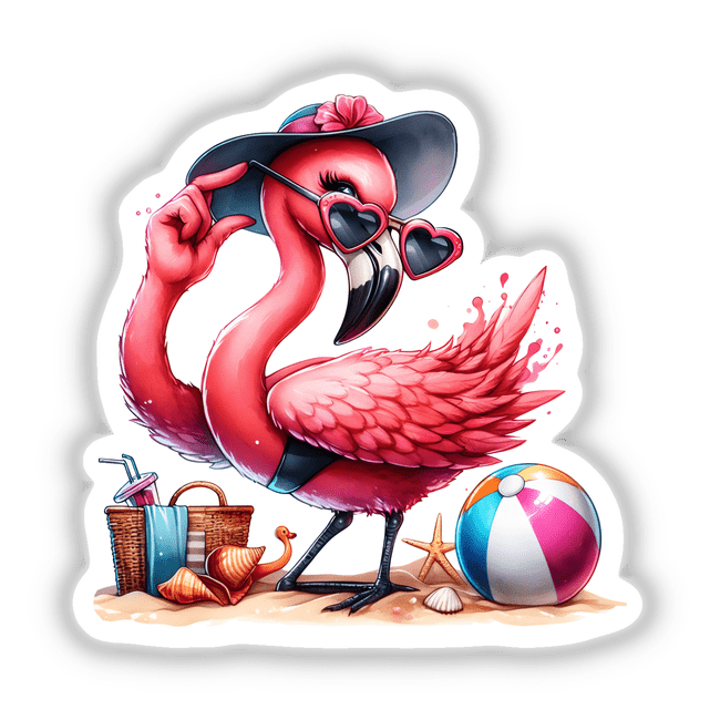 Glamorous beach flamingo in sunhat and sunglasses posing on sandy shore with beach ball, seashells, and picnic basket