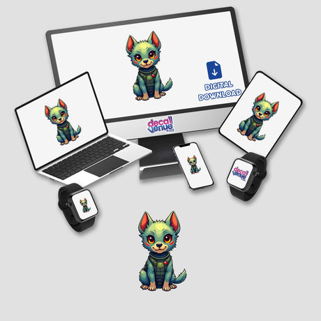 a laptop, phone, and other electronic devices with stickers on them