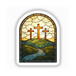Stained Glass Three Crosses Clipart with Commercial Rights & Christian Sticker, featuring a stained glass window depicting three crosses on a hill, available as stickers or digital artwork.