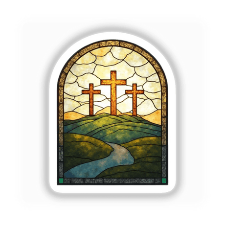 Stained Glass Three Crosses Clipart with Commercial Rights & Christian Sticker, featuring a stained glass window depicting three crosses on a hill, available as stickers or digital artwork.