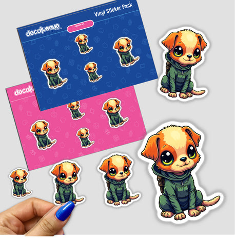 a hand holding a sticker of a little dog