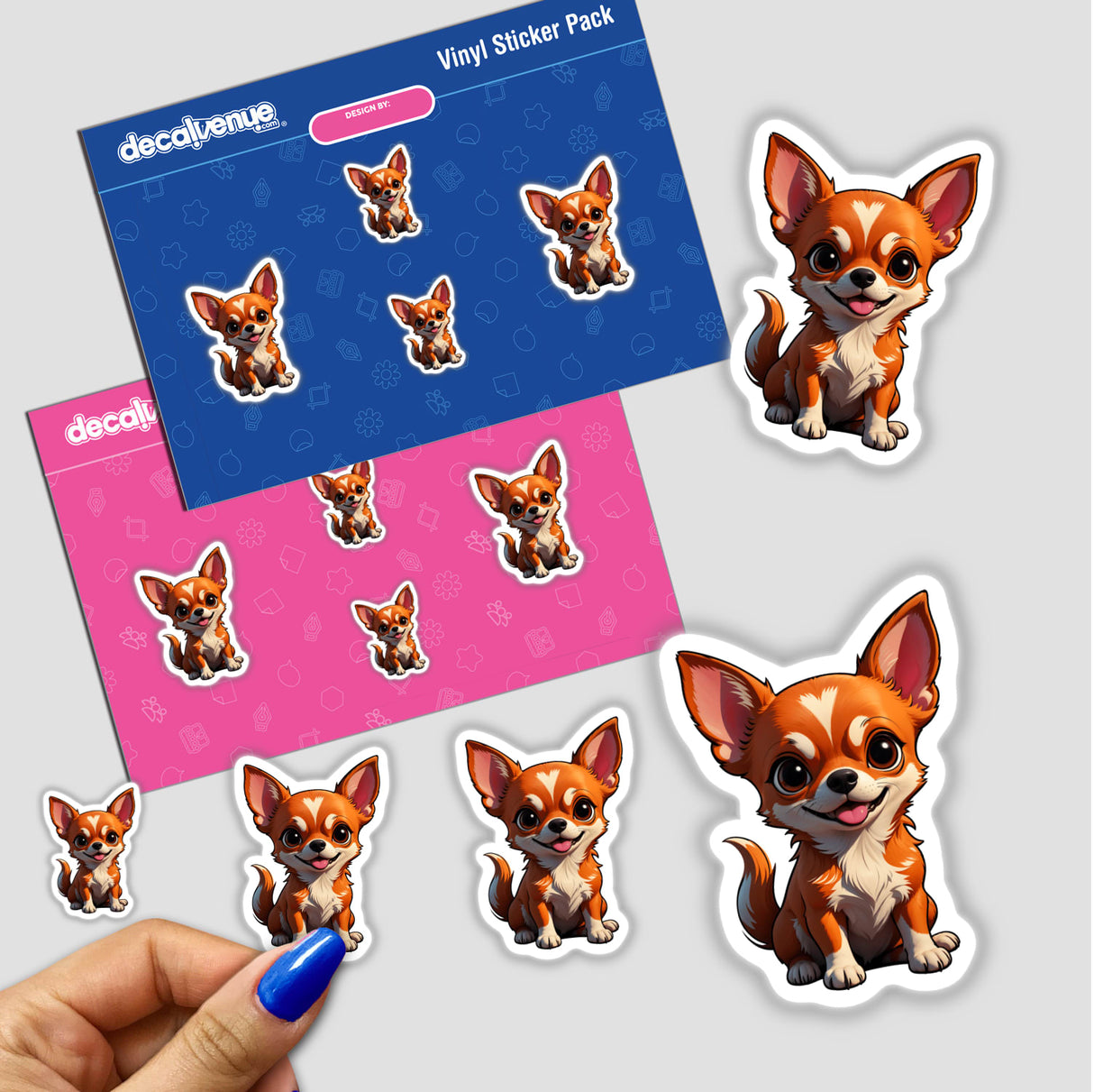 Cartoon stickers featuring a cute Chihuahua with big eyes and ears, available as vinyl decals or digital artwork from Decal Venue.