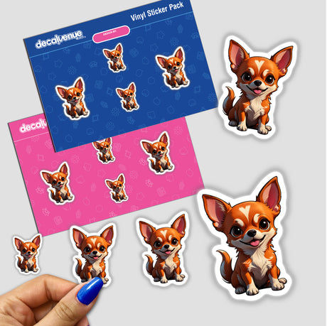 Cartoon stickers featuring a cute Chihuahua with big eyes and ears, available as vinyl decals or digital artwork from Decal Venue.