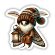 Moth Gnome Holding Lantern: A cartoon bird with wings and a hat holding a lantern, available as stickers or digital artwork.
