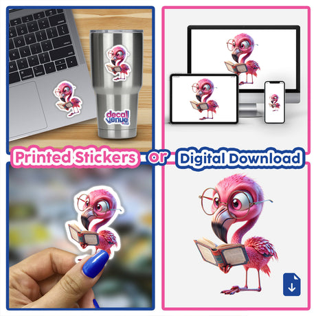 Cartoon flamingo with reading glasses and an open book, featured in a collage, available as stickers or digital artwork from Decal Venue.