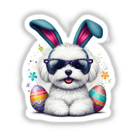 Maltese Easter Bunny: A playful depiction of a white dog in sunglasses and bunny ears, embodying whimsical charm. Available as unique stickers or digital artwork from Decal Venue.