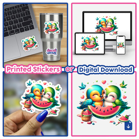 Two Lovebirds Sharing a Watermelon