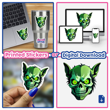 Collage featuring a hybrid human dog skull sticker in various settings, including a laptop and cup, showcasing its versatility as both a sticker and digital artwork.