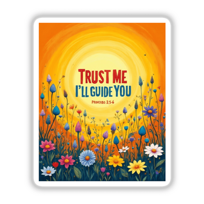 Fauvist Spring Cornflower “Trust Me, I’ll Guide You” Proverbs 3:5-6 Sticker or Clipart, featuring a vibrant floral painting with a sun backdrop, available at Decal Venue.
