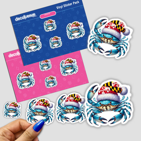 Maryland Flag Santa Blue Crab sticker features a cartoon crab wearing a Santa hat. Available as stickers or digital artwork, perfect for festive, unique decoration.
