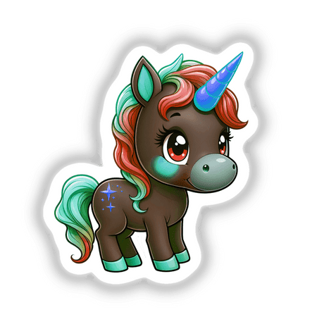 Cute And Magical Pony Unicorn: A whimsical cartoon unicorn with expressive eyes and vibrant hair, available as stickers or digital artwork, perfect for adding charm to any space.
