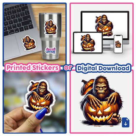 Sasquatch peeking out of spooky pumpkin - Colorful digital artwork featuring a Sasquatch creature emerging from a carved Halloween pumpkin, shown in various product formats like laptop, phone, and sticker.