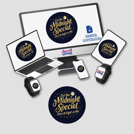 The Midnight Special Vintage Typography Design Sticker or Clipart featuring a round black and gold logo with moon and sun motifs, ideal for unique stickers or digital art applications.